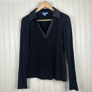 CeCe Long Sleeve Black Collard V-neck In Women Size Medium Satin Collar, Stretch